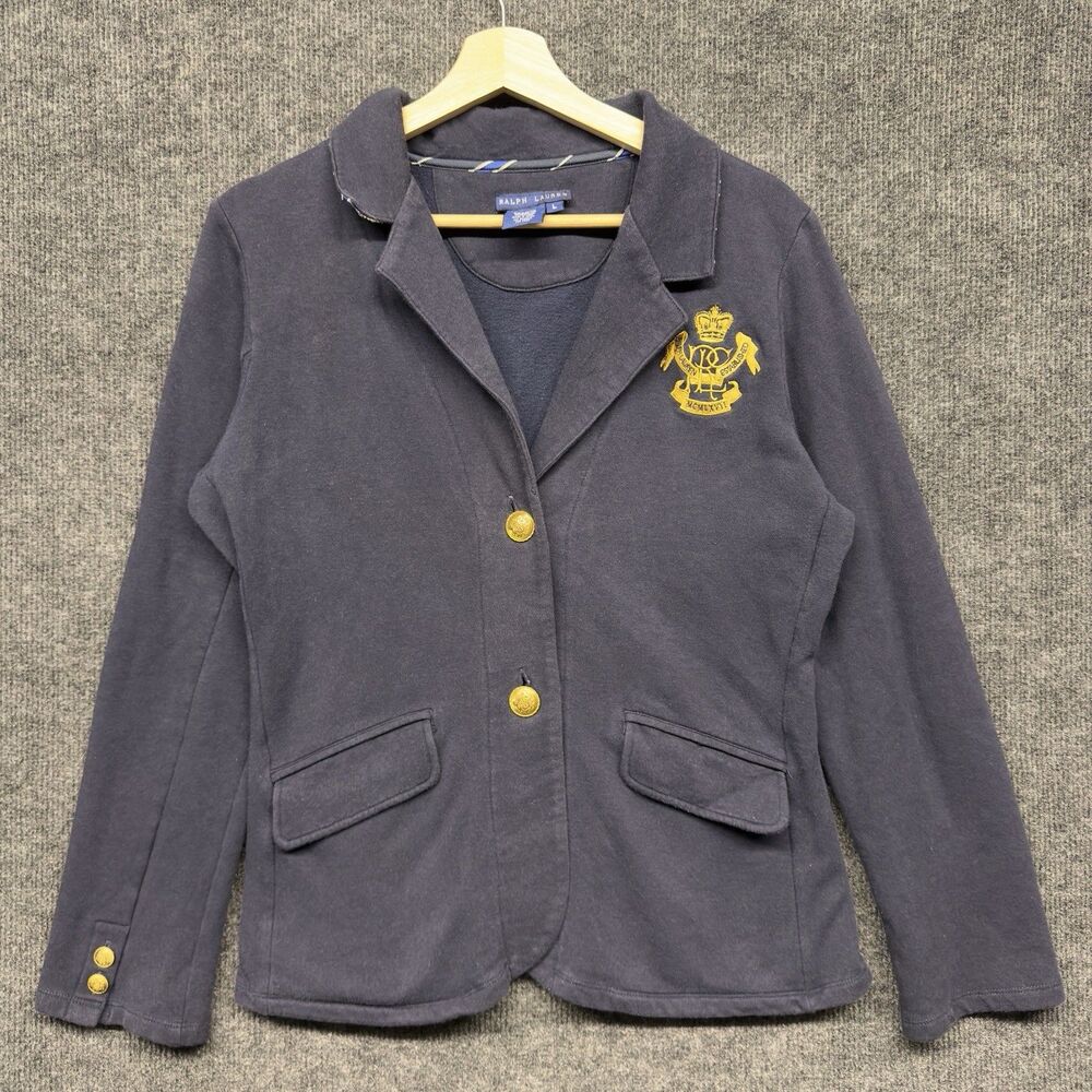 Ralph Lauren Crest Blazer Jacket Womens L Navy Blue Gold Button Knit Stretch Y2K